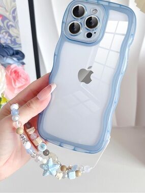 iPhone 16 Pro Max Case Cute Kawaii Curly Wave Clear with Wrist Beaded Charms